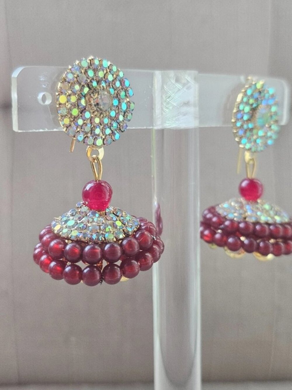 Indian Jhumka Earrings Burgundy Tone Beads Gold Tone Ethnic Fashion Ear Jewelry - Picture 10 of 13